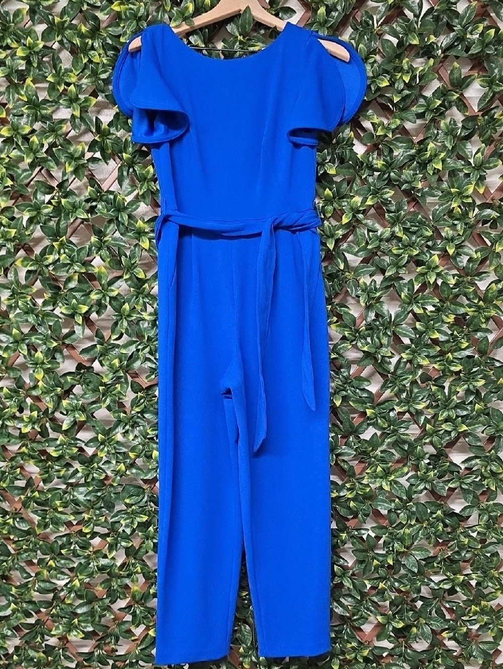 Calvin Klein Bright Blue Flutter-Sleeve Belted Jumpsuit
